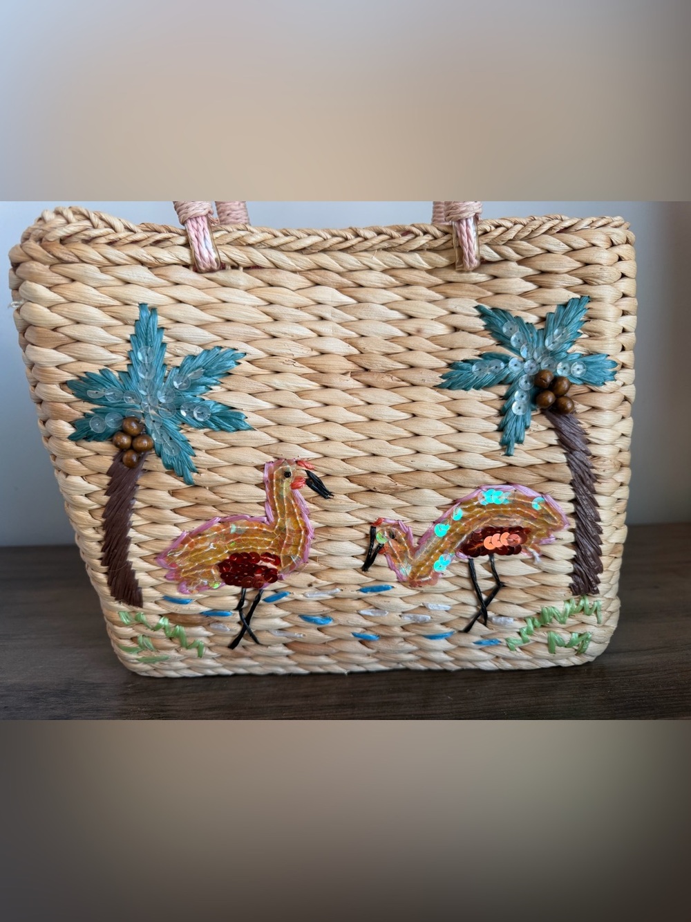Panama Jack Woven Straw Tote w/ Pink Handles Flamingos & Palm Trees - Picture 2 of 6